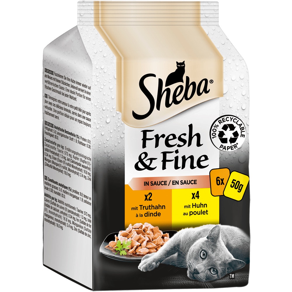 SHEBA® Fresh & Fine, Huhn, Truthahn & Ente in Sauce, Multipack 6 x 50g - 1