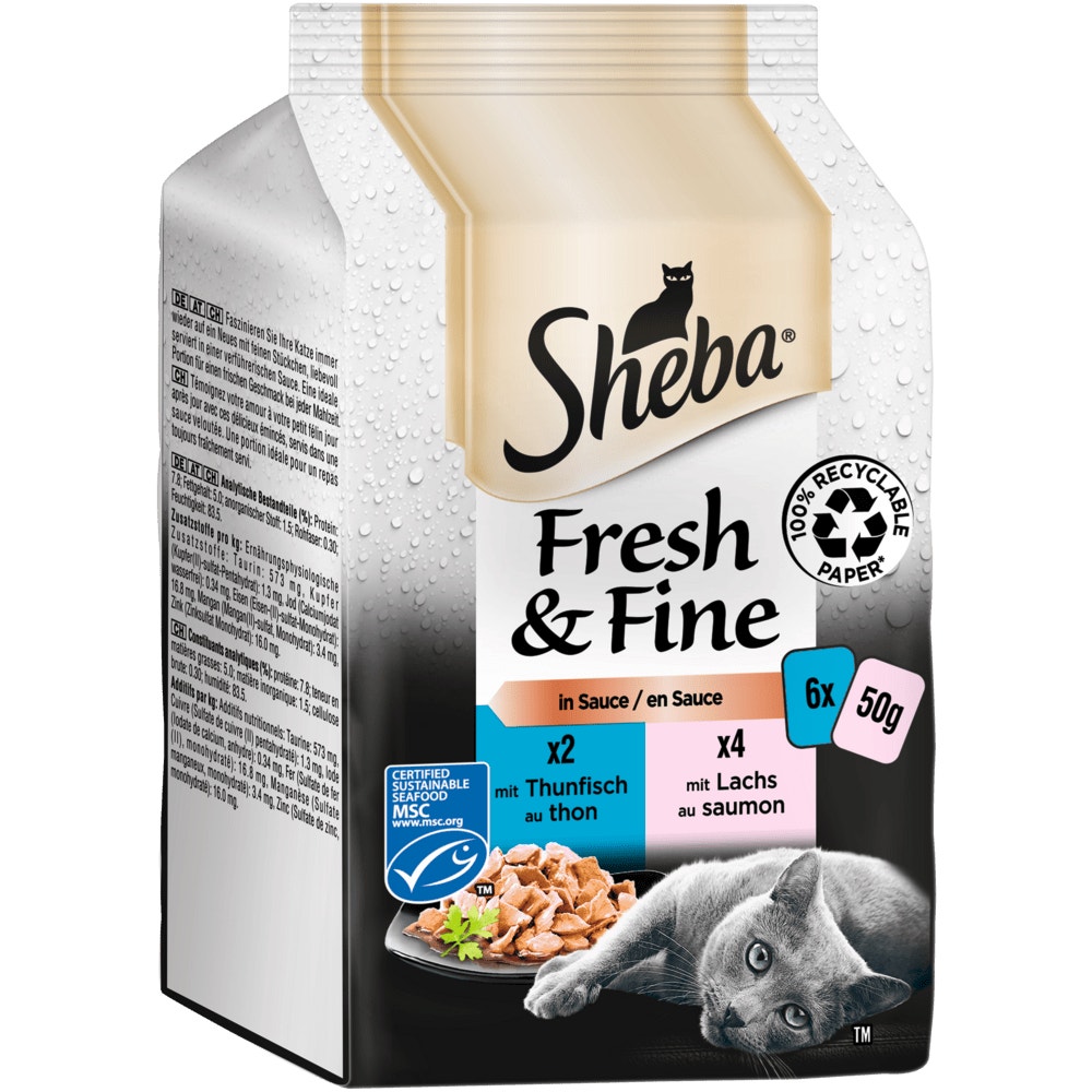 SHEBA® Fresh & Fine, Lachs, Thunfisch & Forelle MSC in Sauce, Multipack 6 x 50g - 1