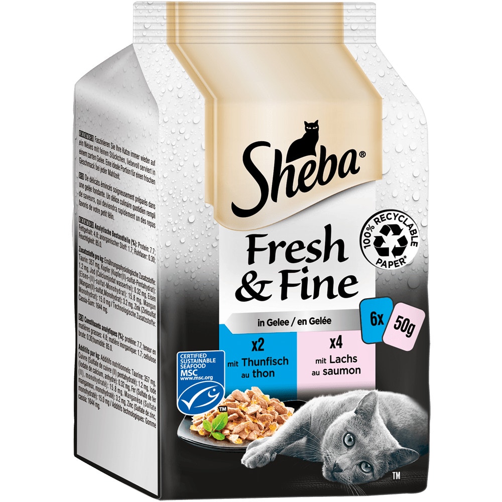 SHEBA® Fresh & Fine, Thunfisch, Lachs & Weißfisch MSC in Gelee, Multipack 6 x 50g - 1